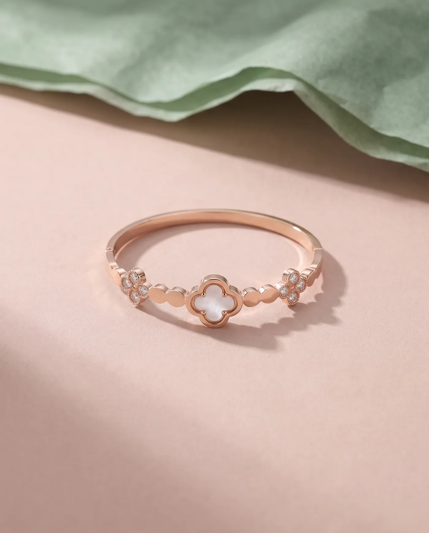Clover Pearl Bangle: Mother-of-pearl clover, crystal flowers