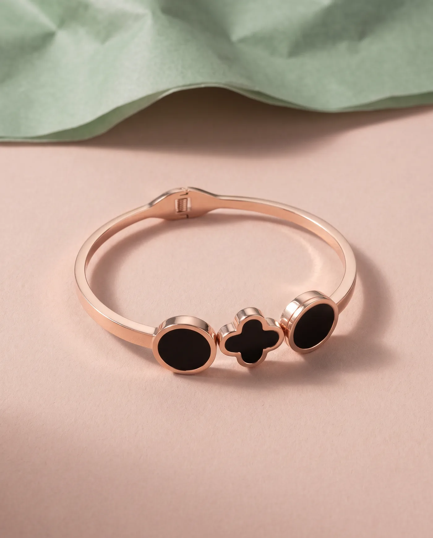 Onyx Clover Bangle: Clovers and discs in black enamel
