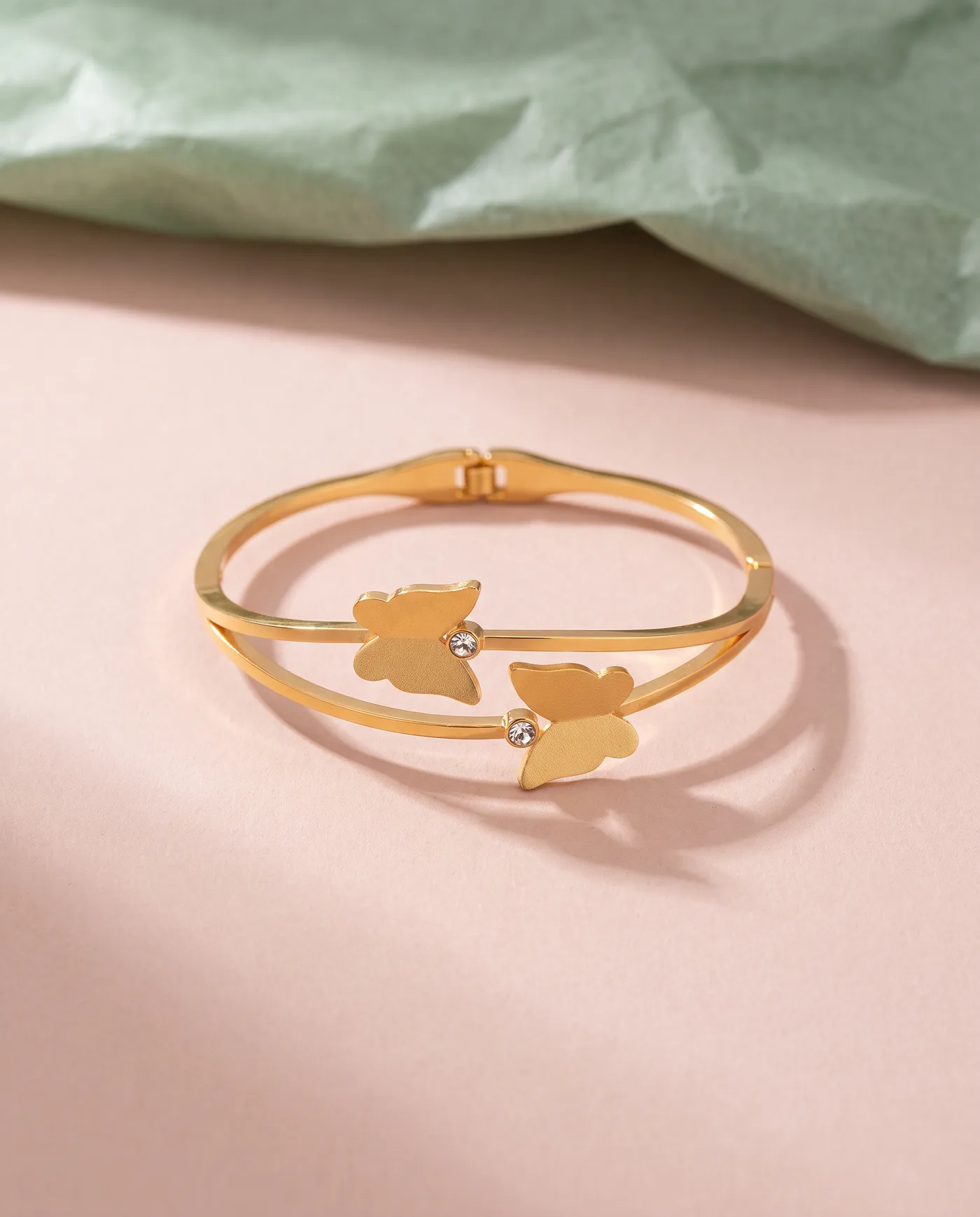 Twin Butterfly Bangle: Brushed butterflies, two crystals