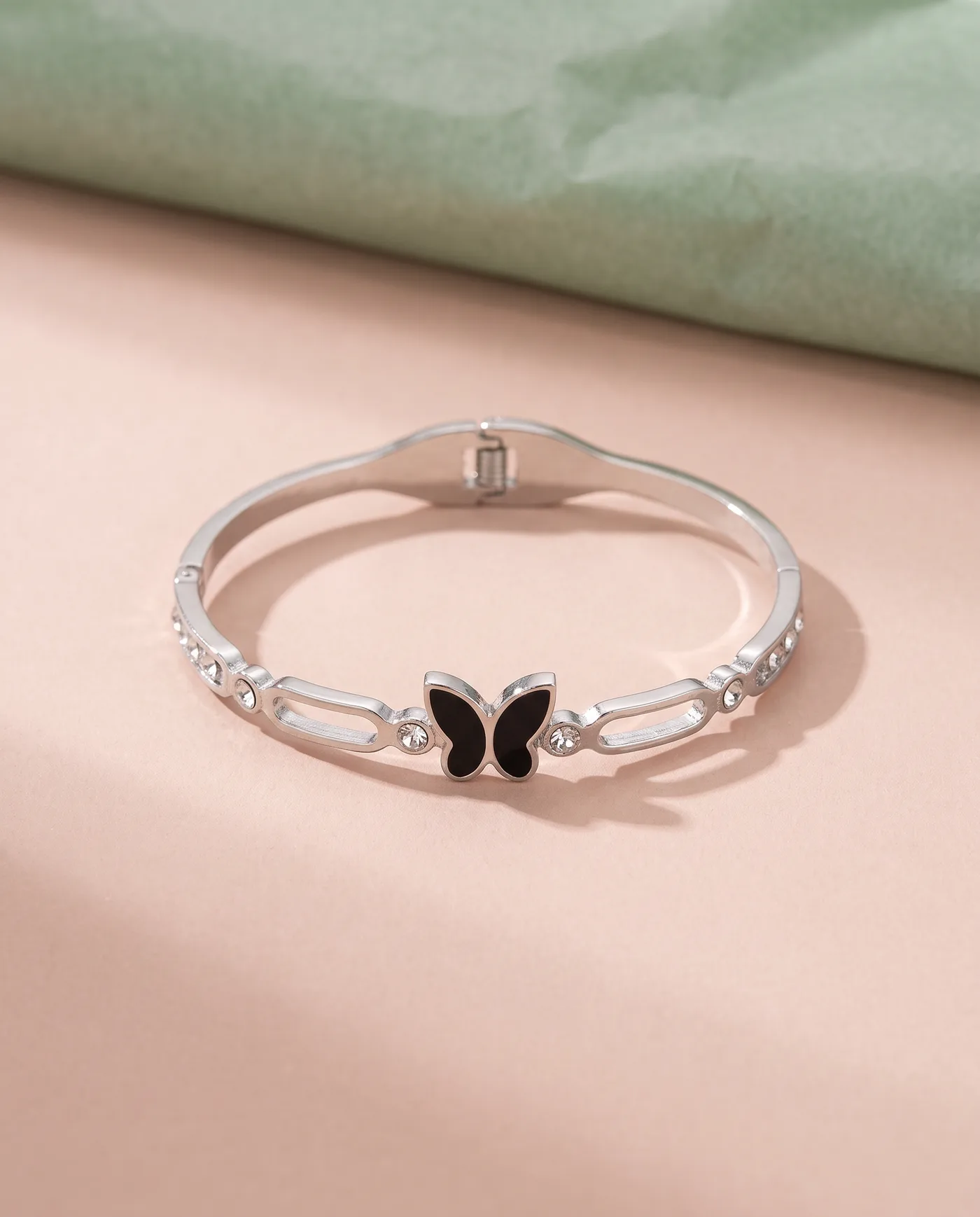 Silver Butterfly Bangle: Black butterfly, crystal links