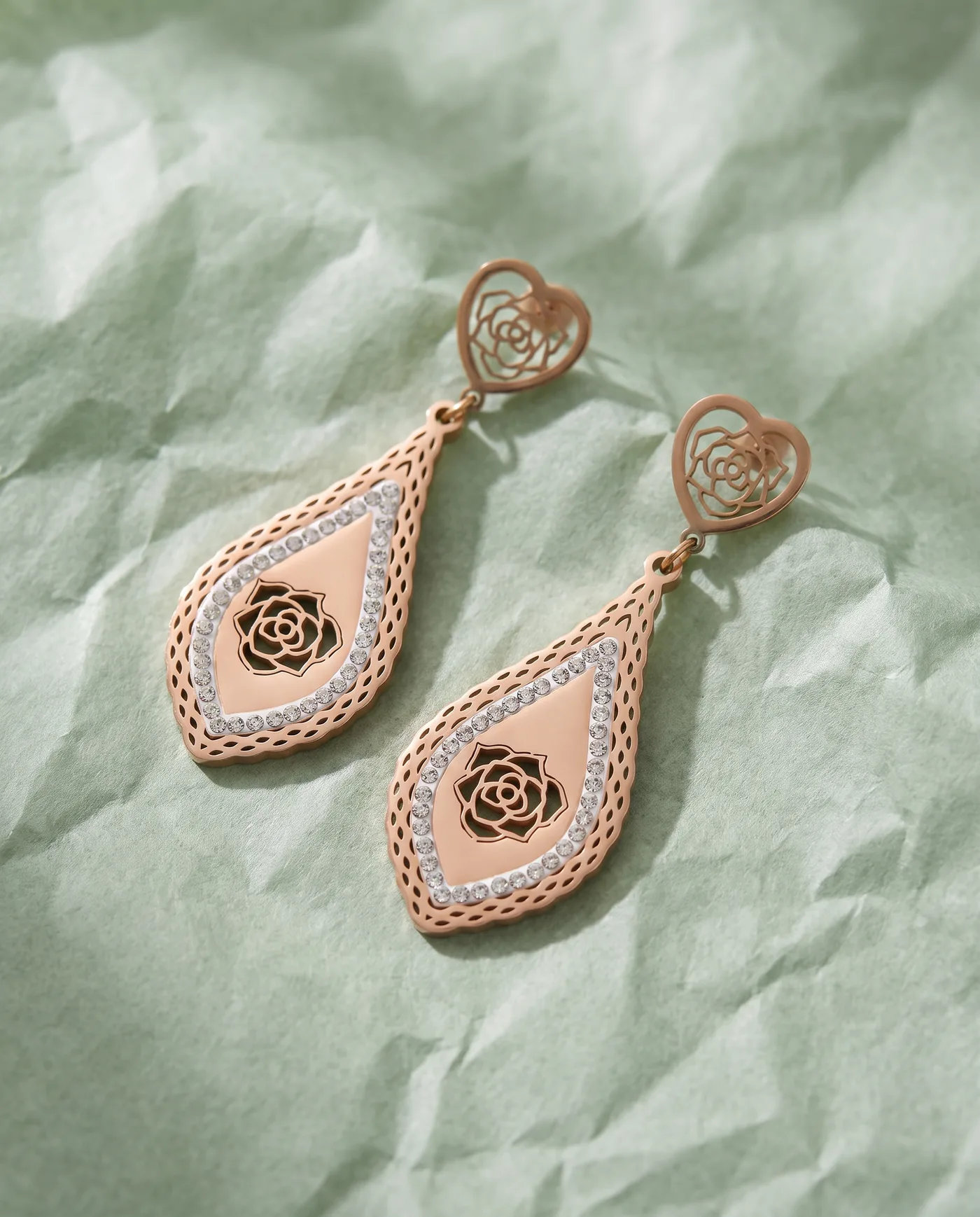 Rose Filigree Drops: Cut-out roses, crystal edging