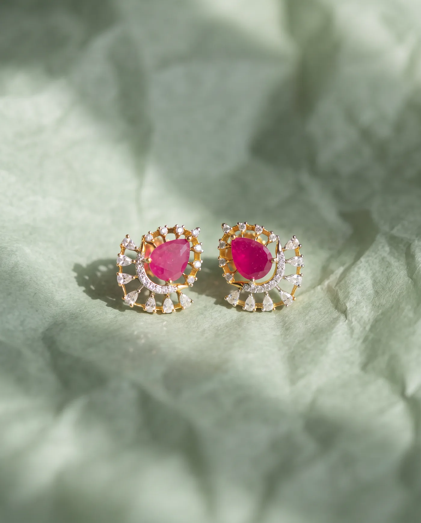 Ruby Paisley Studs: Ruby-red stone, AD halo