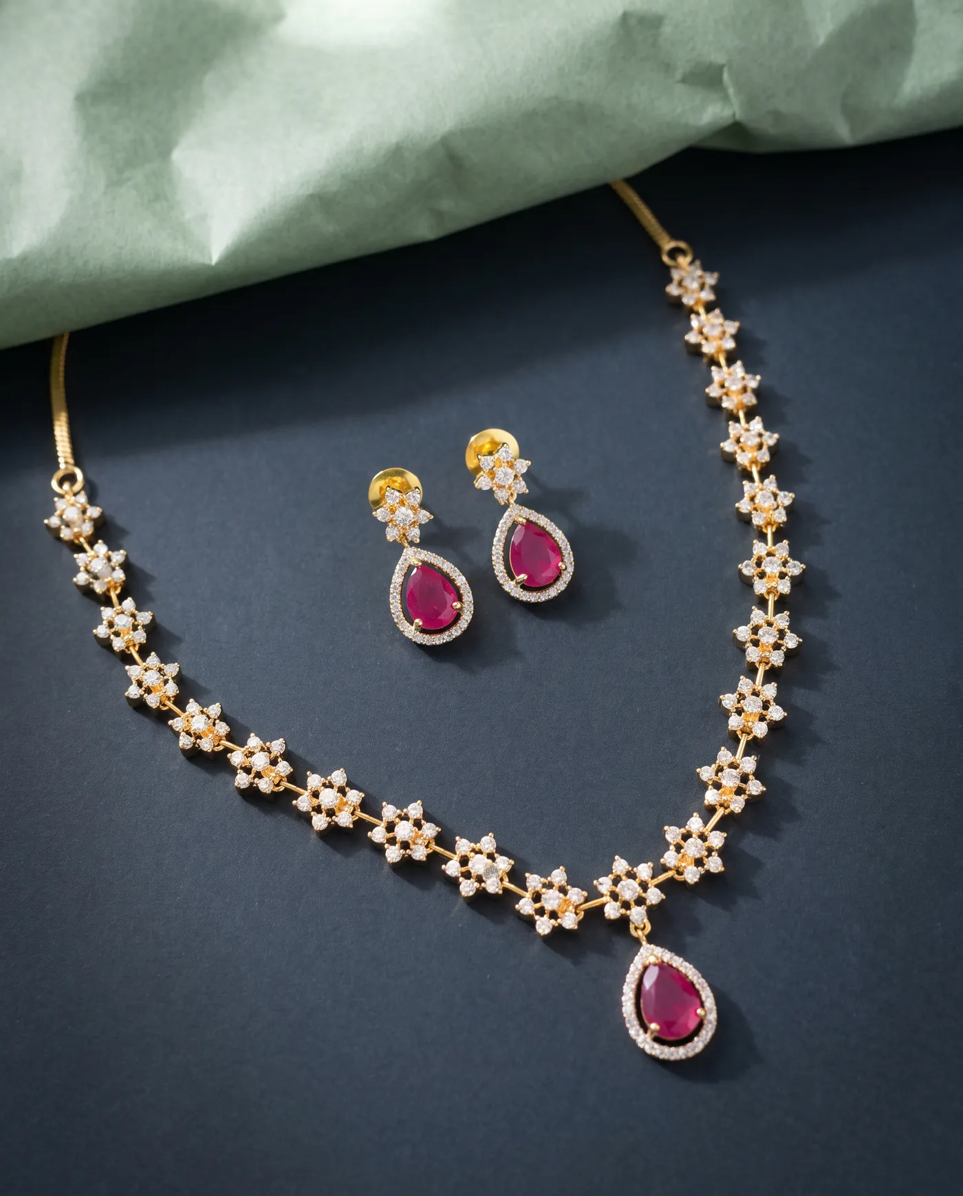 Ruby Starlight Set: Necklace and earrings, AD stars, ruby-red drop