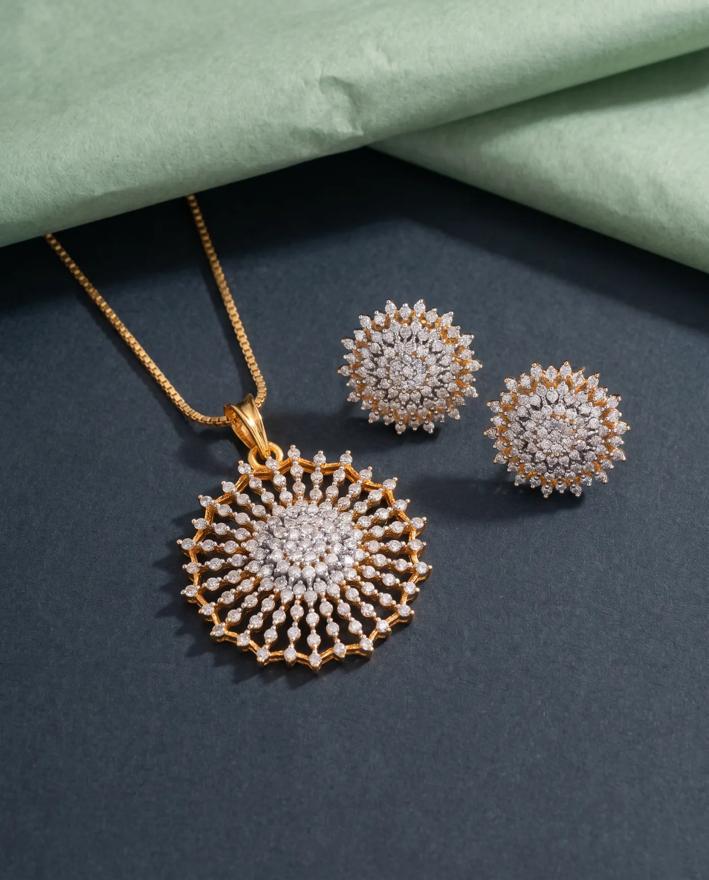Sunburst Pendant Set: Pendant, box chain and studs