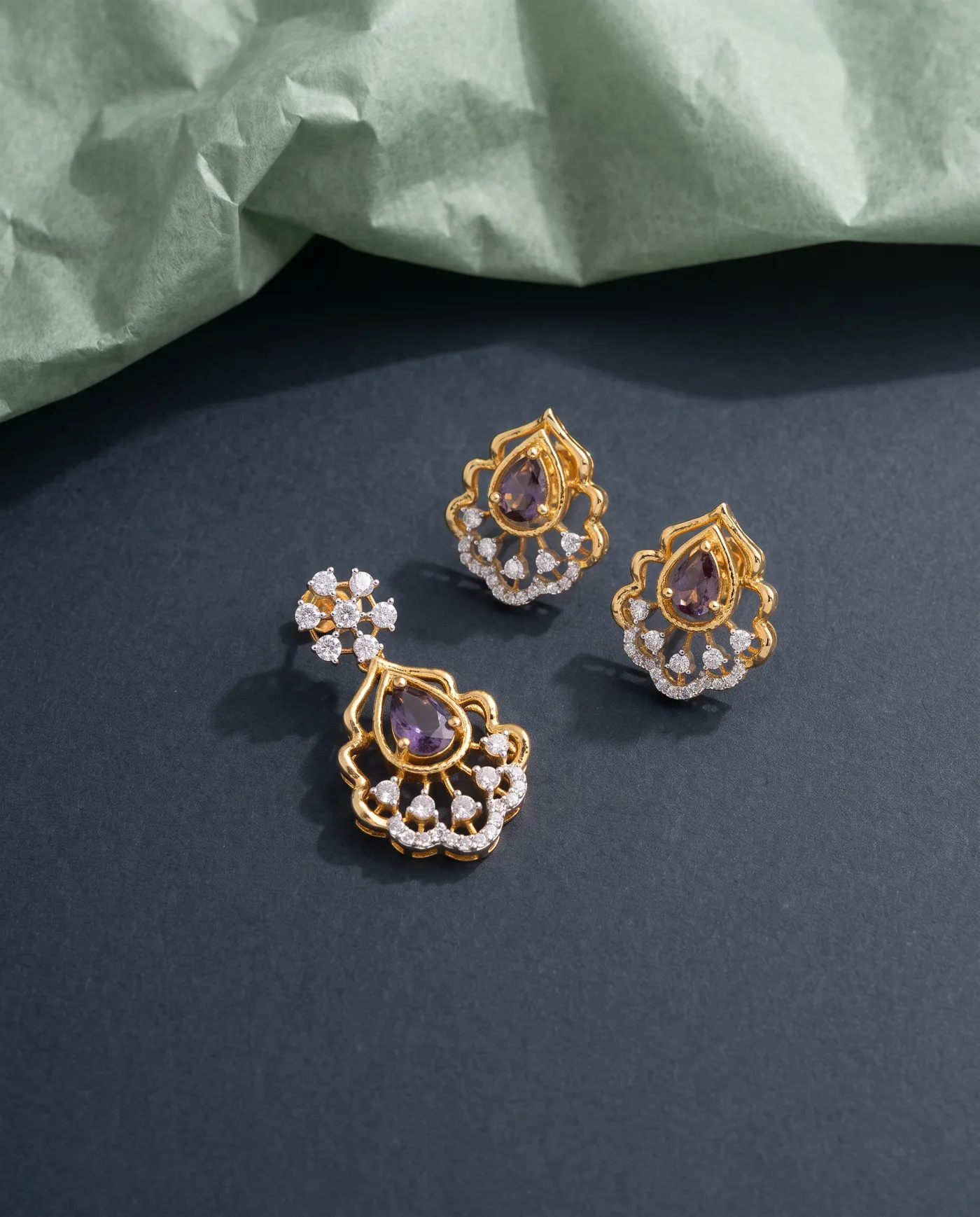 Amethyst Scallop Set: Pendant and studs, violet stone