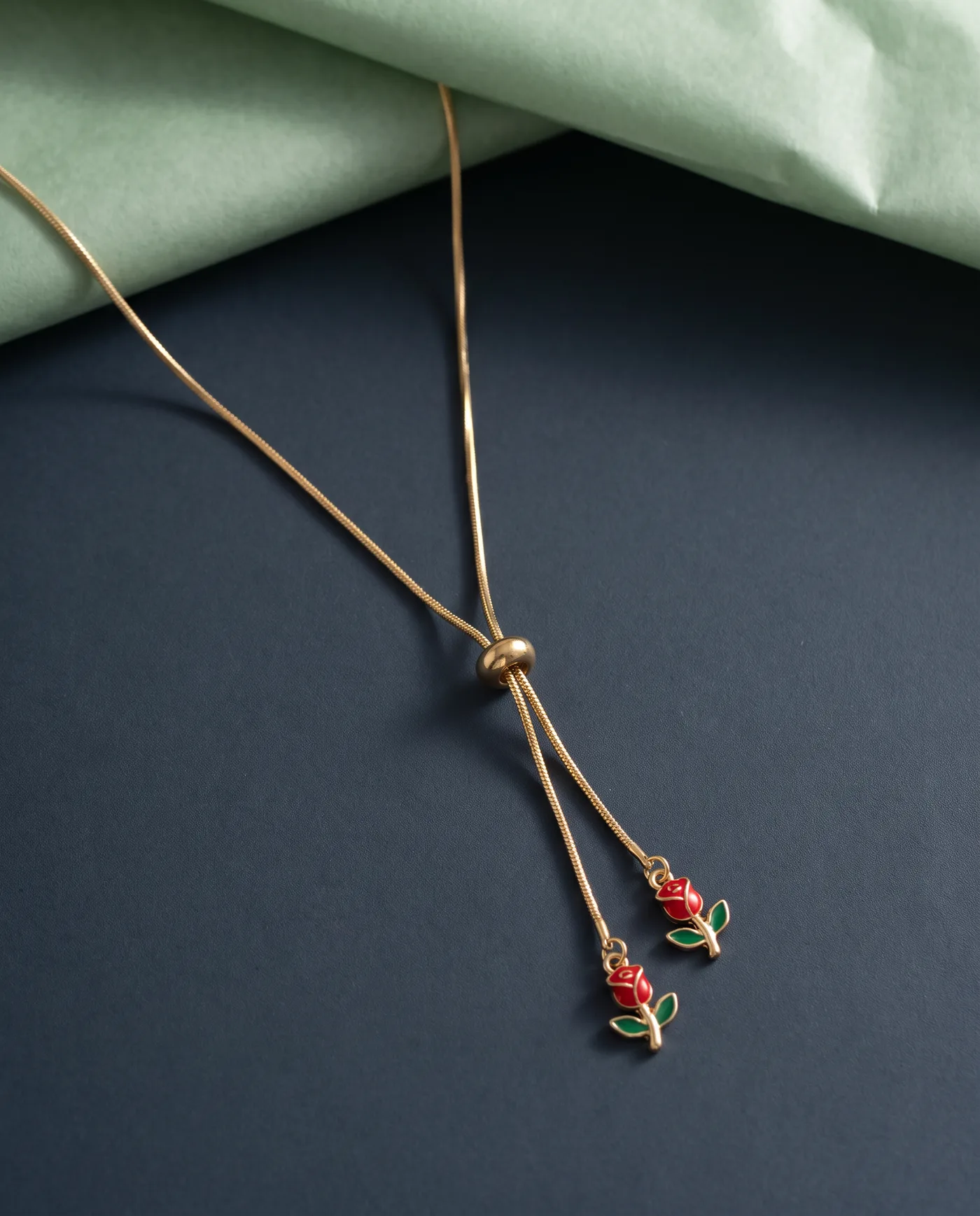 Rose Lariat Necklace: Two enamel roses on a slider